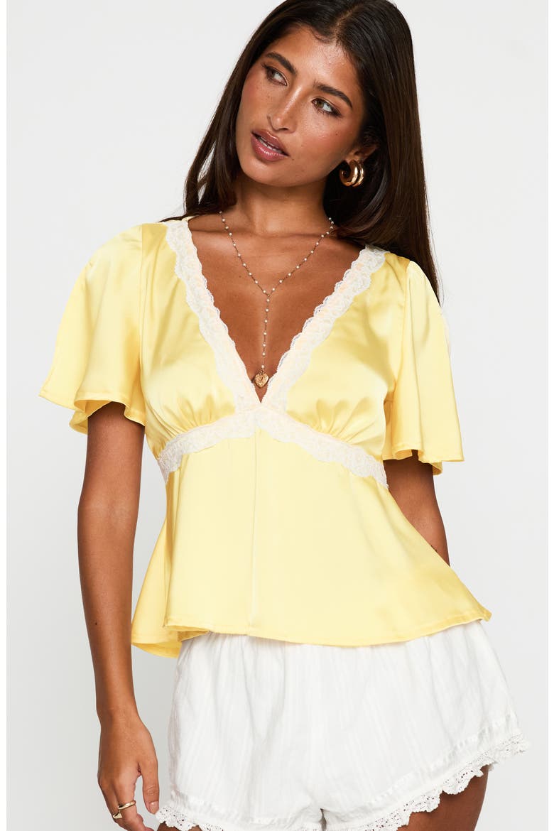 Lace Trim Satin Top, Alternate, color, YELLOW