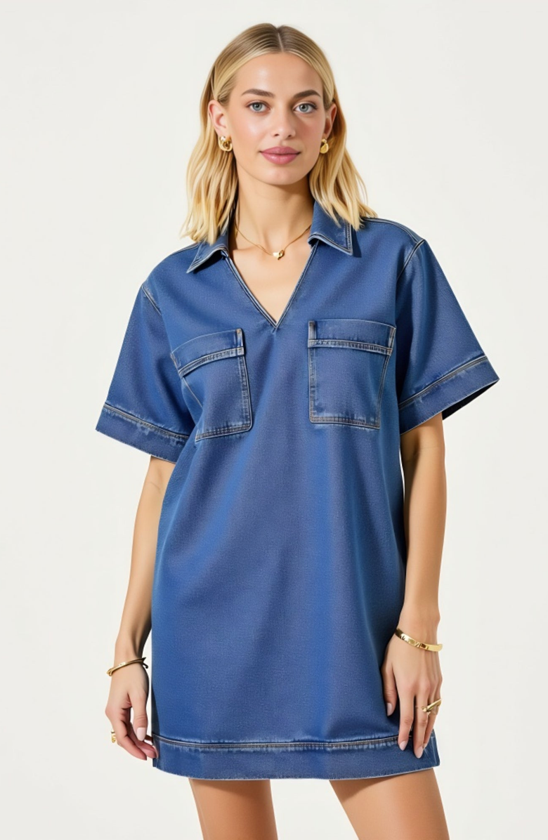 Modenaire Denim Mini Short Sleeve Chest Patch Pocket Shirt Dress, Main, color, Blue
