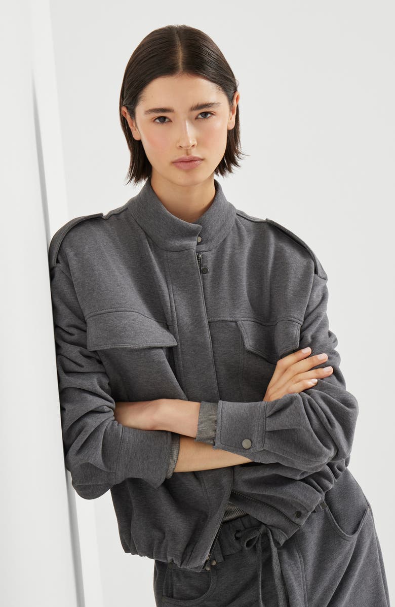 Brunello Cucinelli Smooth French terry cardigan-style top, Alternate, color, Lead