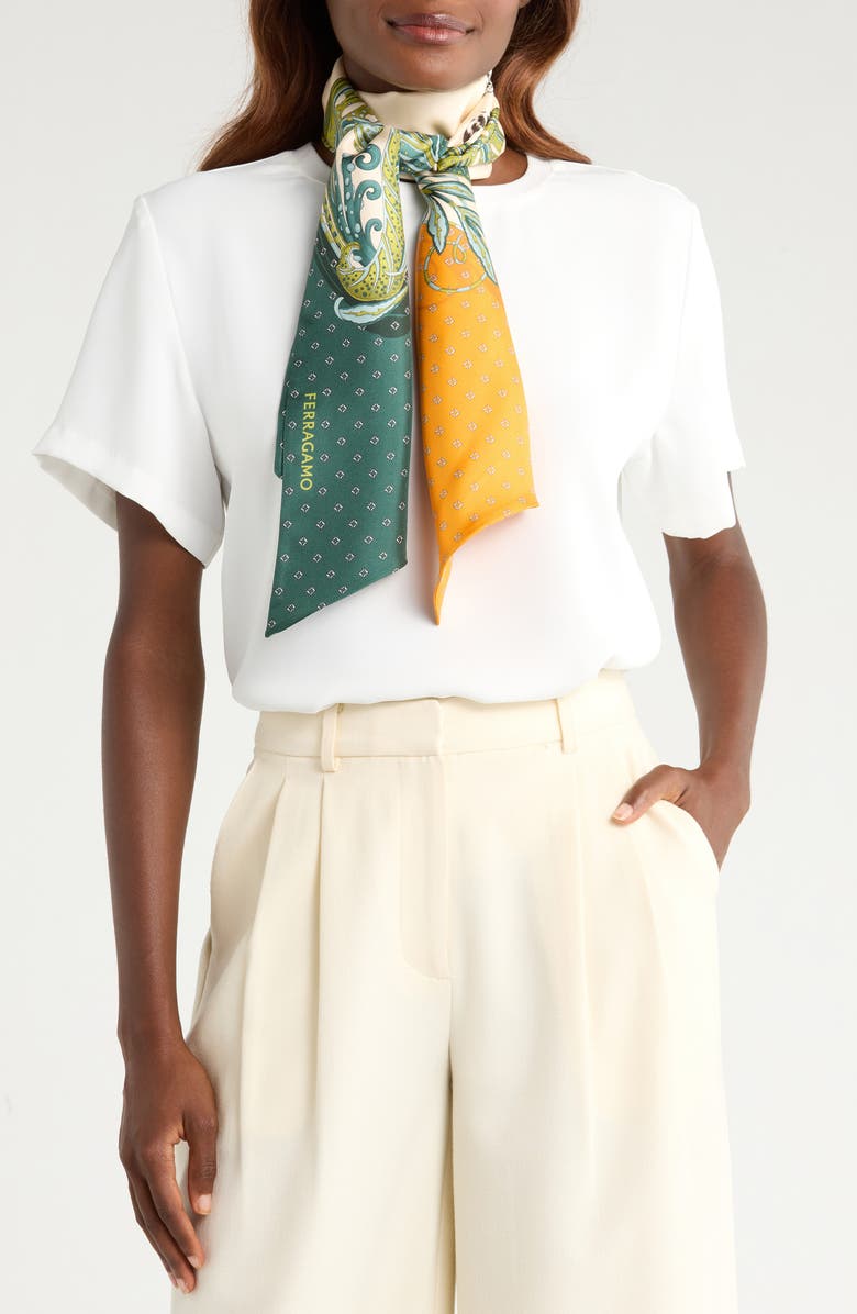 FERRAGAMO Madras 2 Silk Twill Skinny Scarf, Alternate, color, Verde Oro
