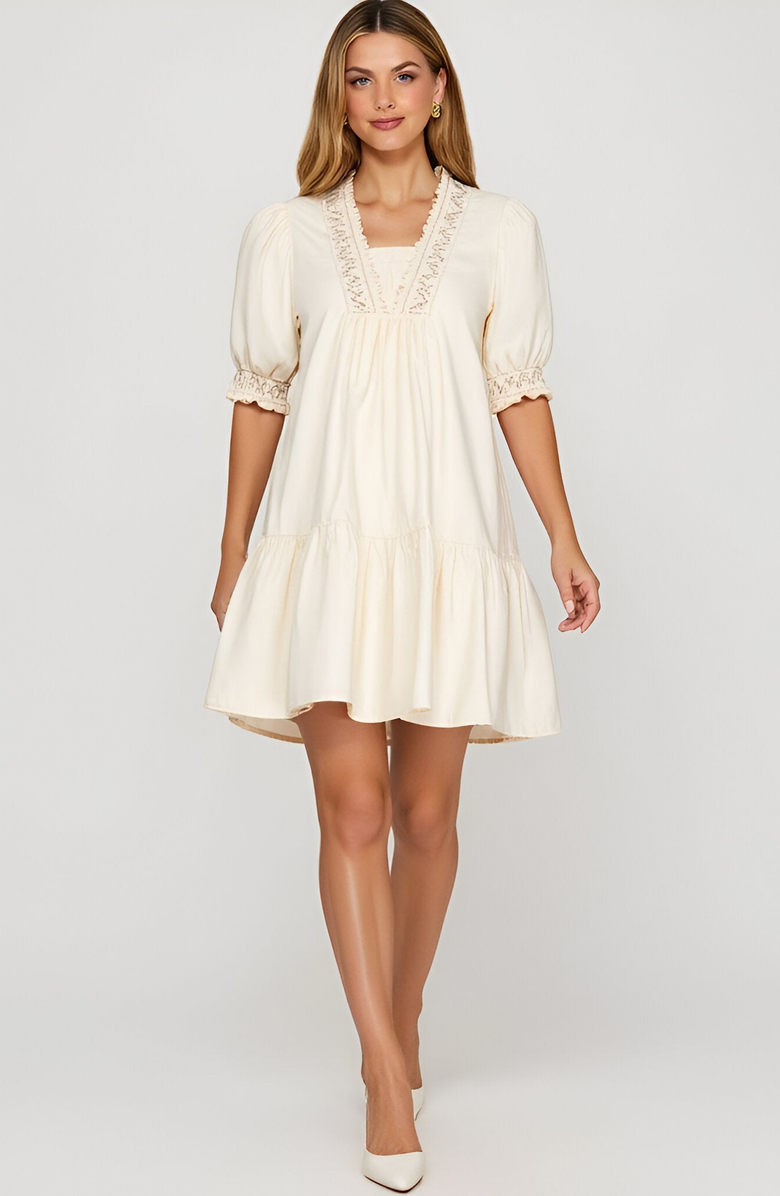 Modenaire Smocked Sleeve Mini Dress with Embroidered Neckline and Tiered Hem, Main, color, Ivory