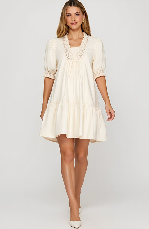 Smocked Sleeve Mini Dress with Embroidered Neckline and Tiered Hem