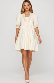 Modenaire Smocked Sleeve Mini Dress with Embroidered Neckline and Tiered Hem