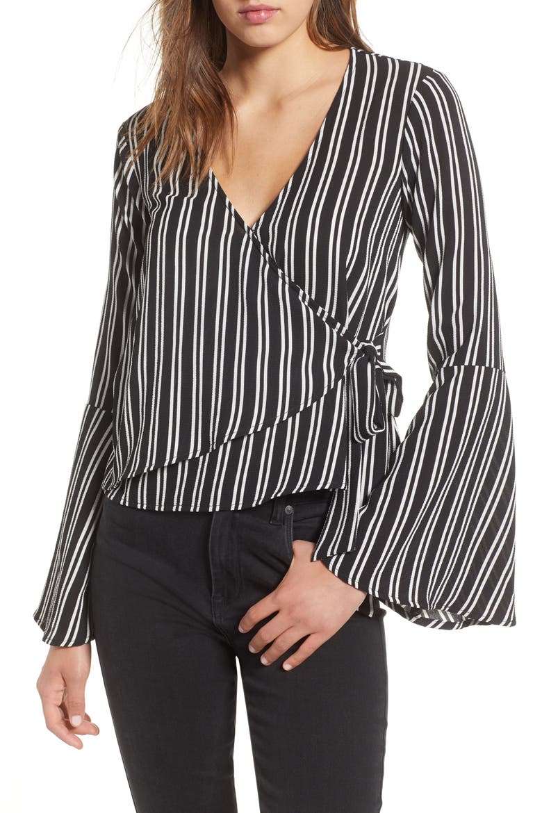 Bell Sleeve Wrap Top, Main, color, BLACK/WHITE STRIPE