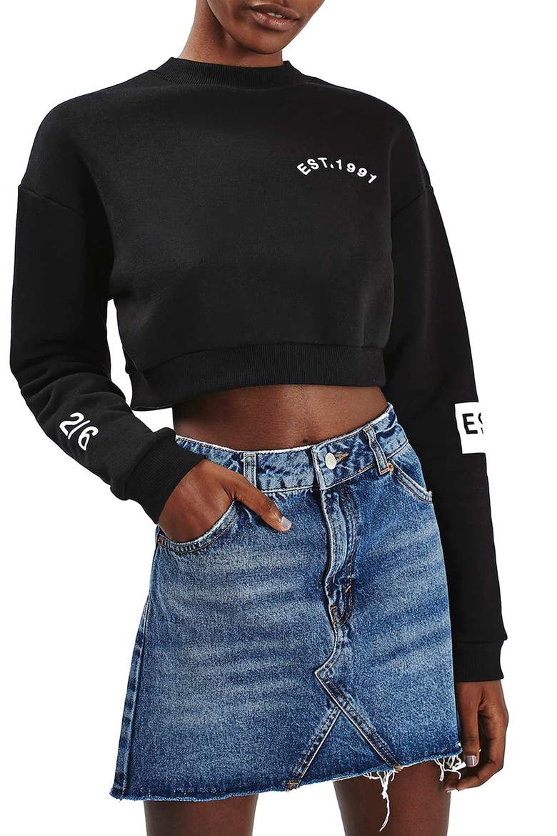 Topship Denim A-Line Miniskirt, Alternate, color, MID DENIM