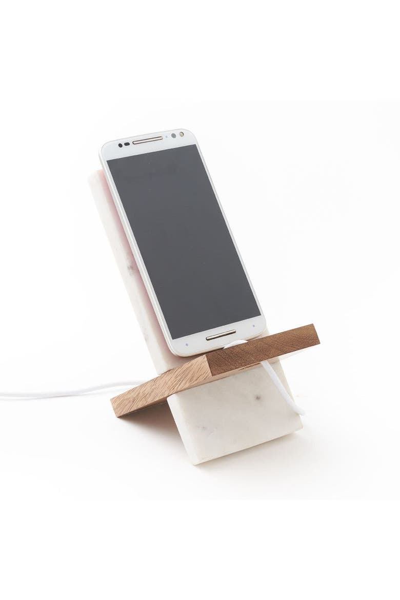 Indukala Moon Phase Phone Stand for Desk - Wood, Marble, Brass, Alternate, color, Brown
