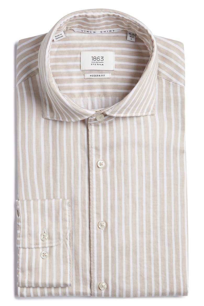 Slim Fit Stripe Non-Iron Cotton & Linen Dress Shirt, Alternate, color, BEIGE