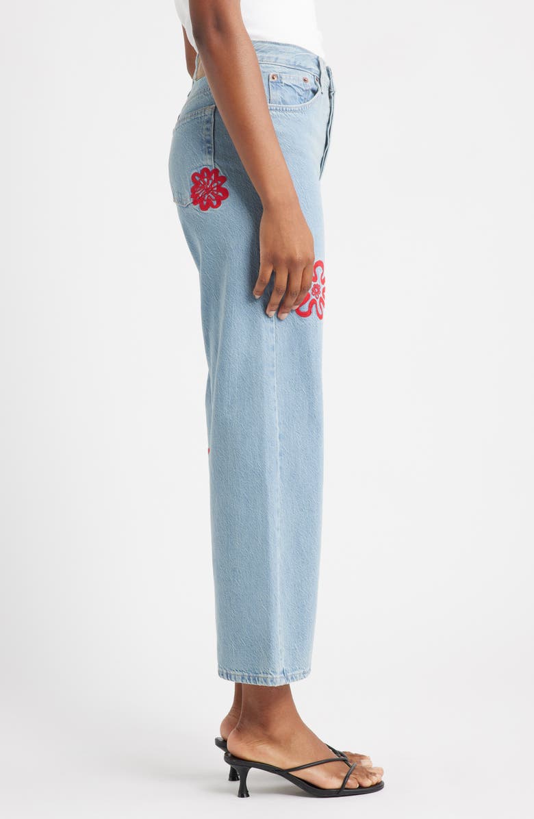 Topshop Embroidered Mid Rise Relaxed Straight Leg Jeans, Alternate, color, Mid Blue