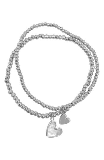 Adornia Tarnish Resistant Silver Plated Set Of Heart Ball Bracelets With Mother Of Pearl In Silver