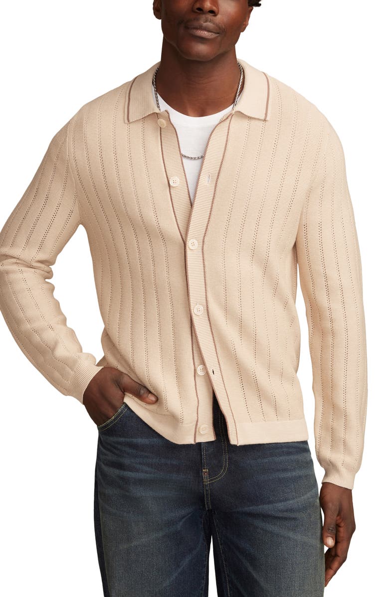 Lucky Brand Pointelle Stripe Cotton Blend Cardigan, Main, color, Oat Milk