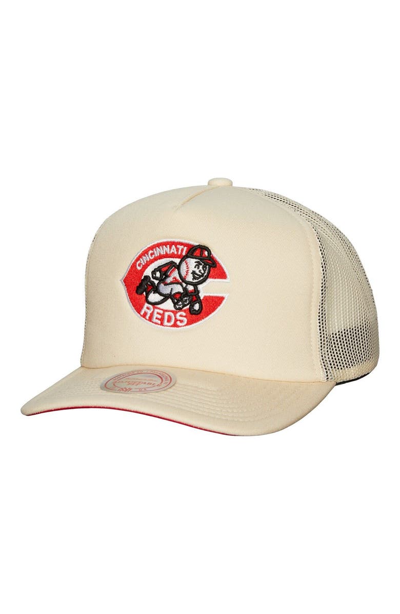 Mitchell & Ness Men's Mitchell & Ness Cream Cincinnati Reds Cooperstown Collection Evergreen Adjustable Trucker Hat, Main, color, 