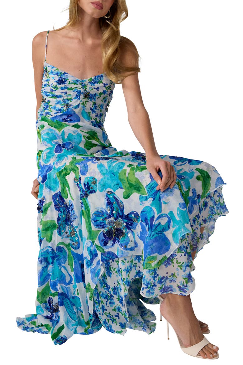 Eileen Floral Sequin High-Low Maxi Dress, Alternate, color, COTE MEADOW IBIZA BLUE
