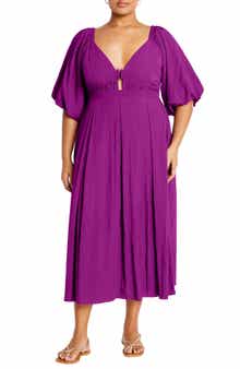 City Chic Shae Keyhole Detail Balloon Sleeve Midi Dress