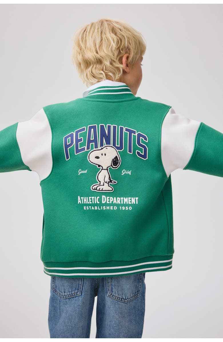 H&M Sweatshirt Baseball Jacket, Alternate, color, Green/Snoopy