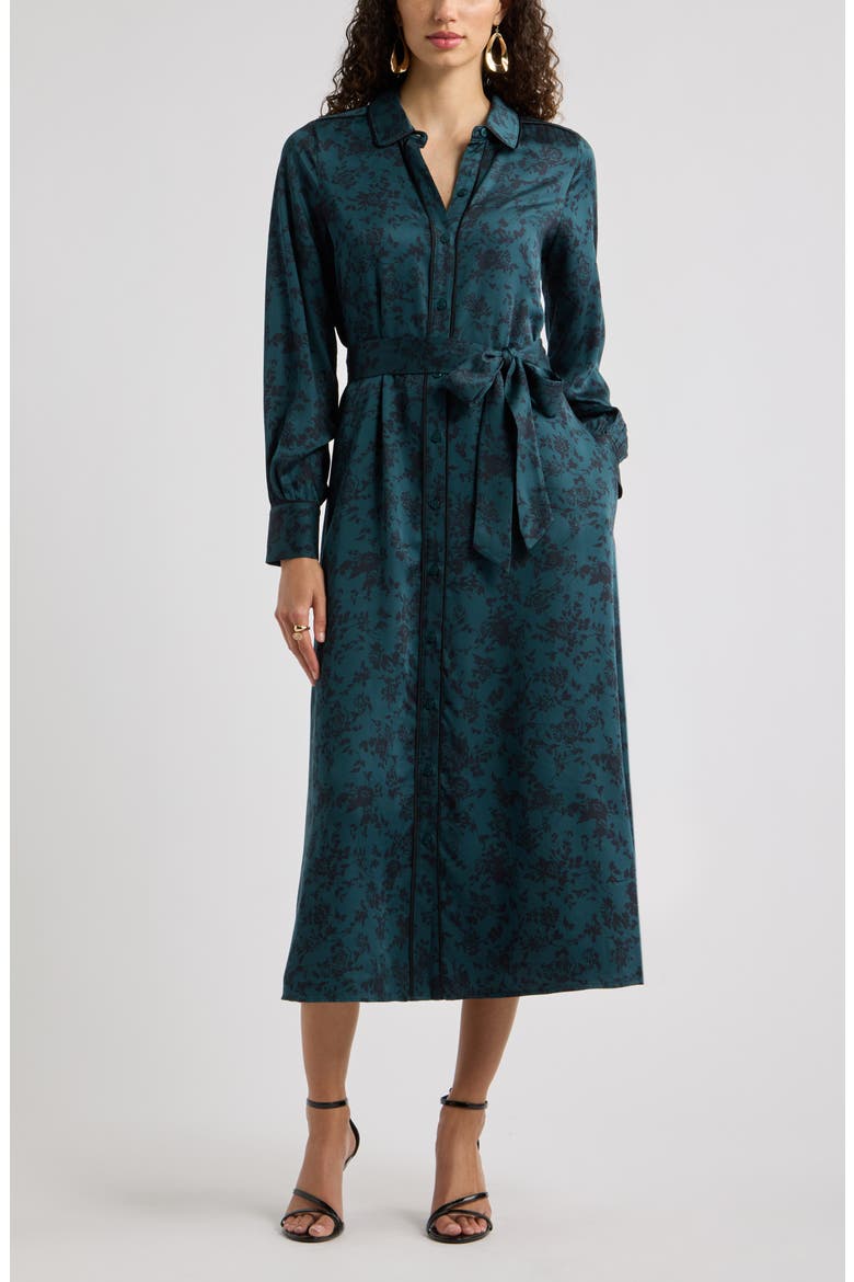 Long Sleeve Belted Midi Shirtdress, Main, color, GREEN BLUE DELANIE FLORAL