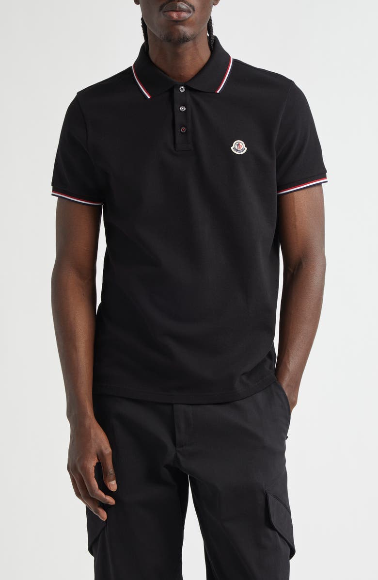 Moncler Tipped Cotton Piqué Polo, Main, color, Black
