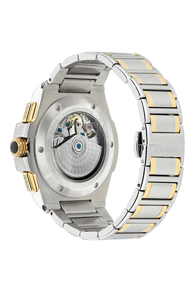 Greca Extreme Skeleton Dial Automatic Chronograph Bracelet Watch, 43mm, Alternate, color, GREEN/ TWO TONE