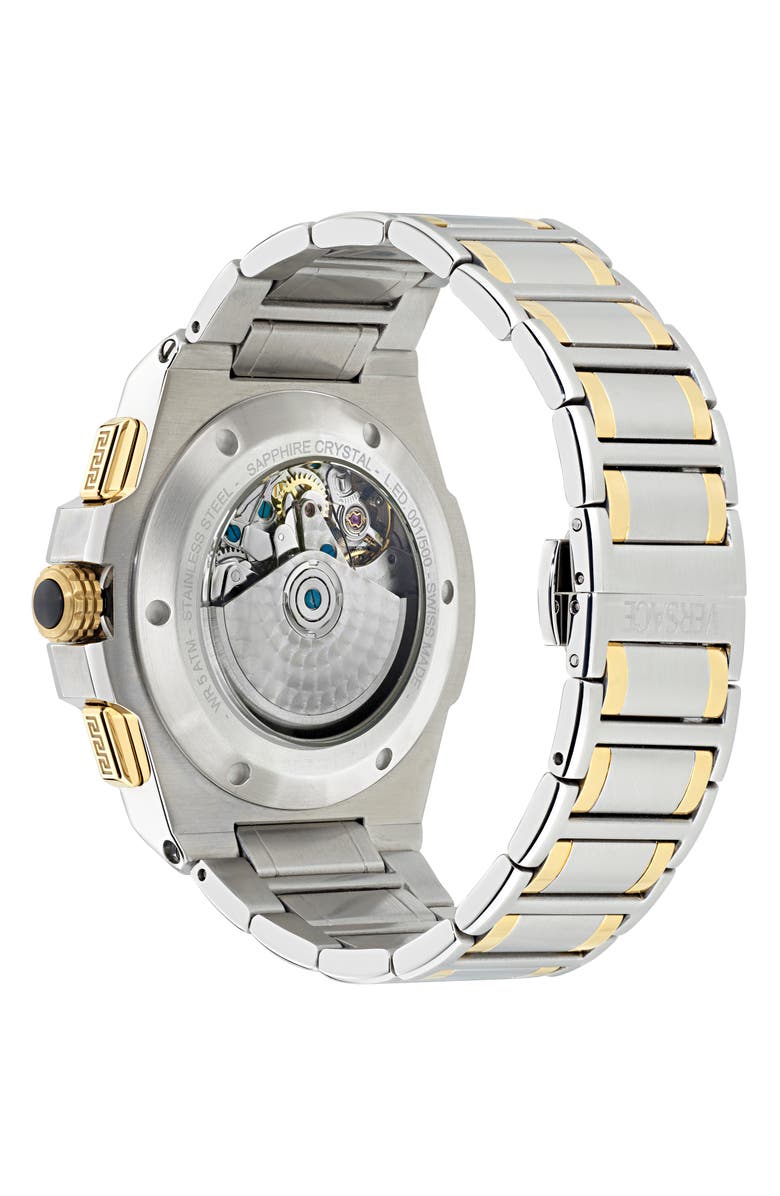 Versace Greca Extreme Skeleton Dial Automatic Chronograph Bracelet Watch, 43mm, Alternate, color, Green/ Two Tone