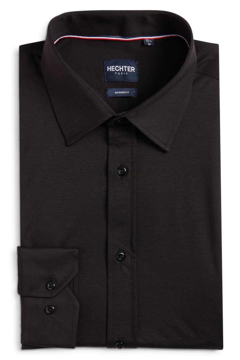 Modern Fit Solid Black Knit Cotton Dress Shirt, Alternate, color, BLACK