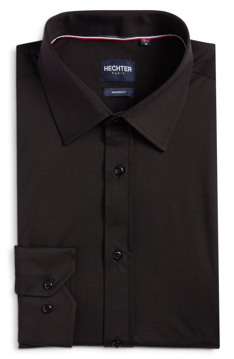DANIEL HECHTER Modern Fit Solid Black Knit Cotton Dress Shirt, Alternate, color, Black