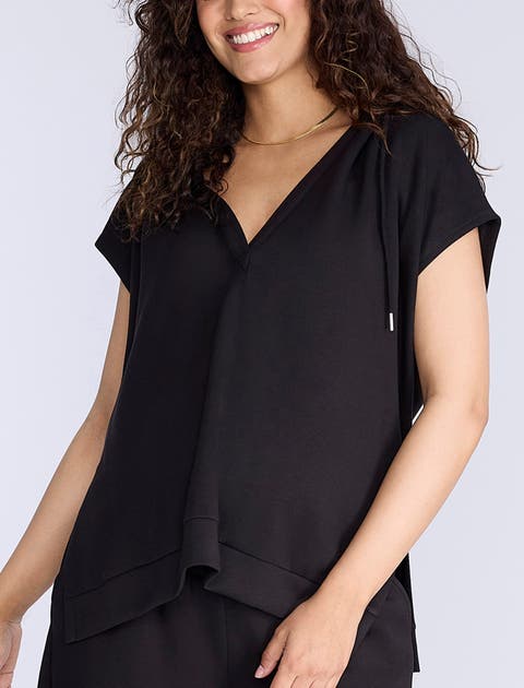 V-Neck Short Sleeve Hooded Top