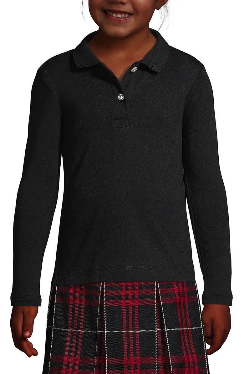 Lands' End School Uniform Girls Long Sleeve Feminine Fit Interlock Polo Shirt, Main, color, Black