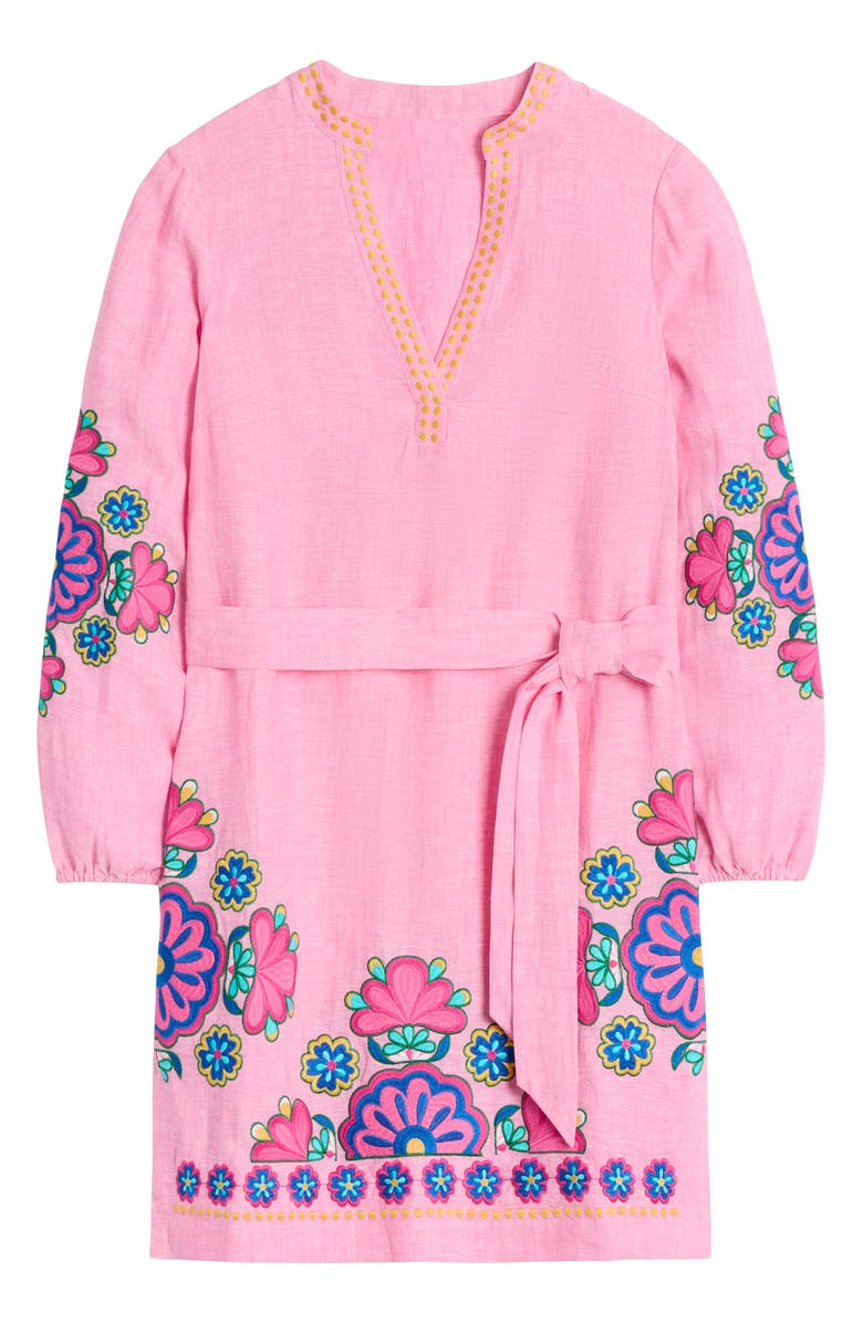 Boden Cleo Floral Embroidered Tie Waist Long Sleeve Linen Dress, Alternate, color, Pink