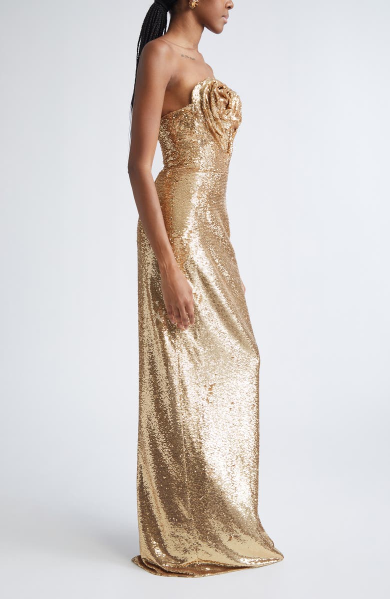 Carolina Herrera Rosette Bodice U-Neck Strapless Sequin Gown, Alternate, color, Gold