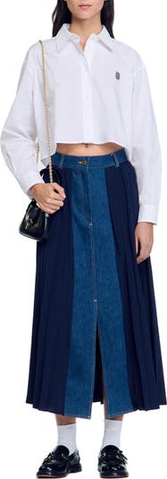 SANDRO Dual-material denim pleated skirt | Nordstrom