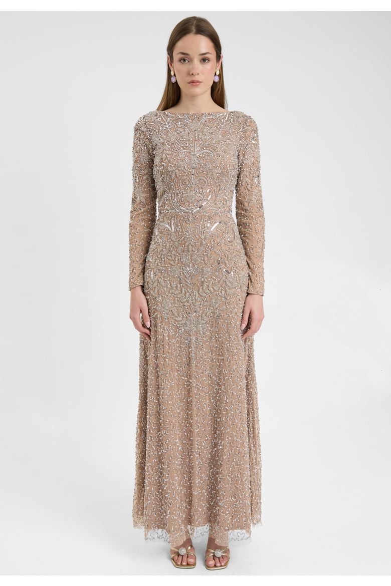 Modest Embellished Sequin Beaded Dress Maxi With Detailed Design, Main, color, TAUPE BLUSH