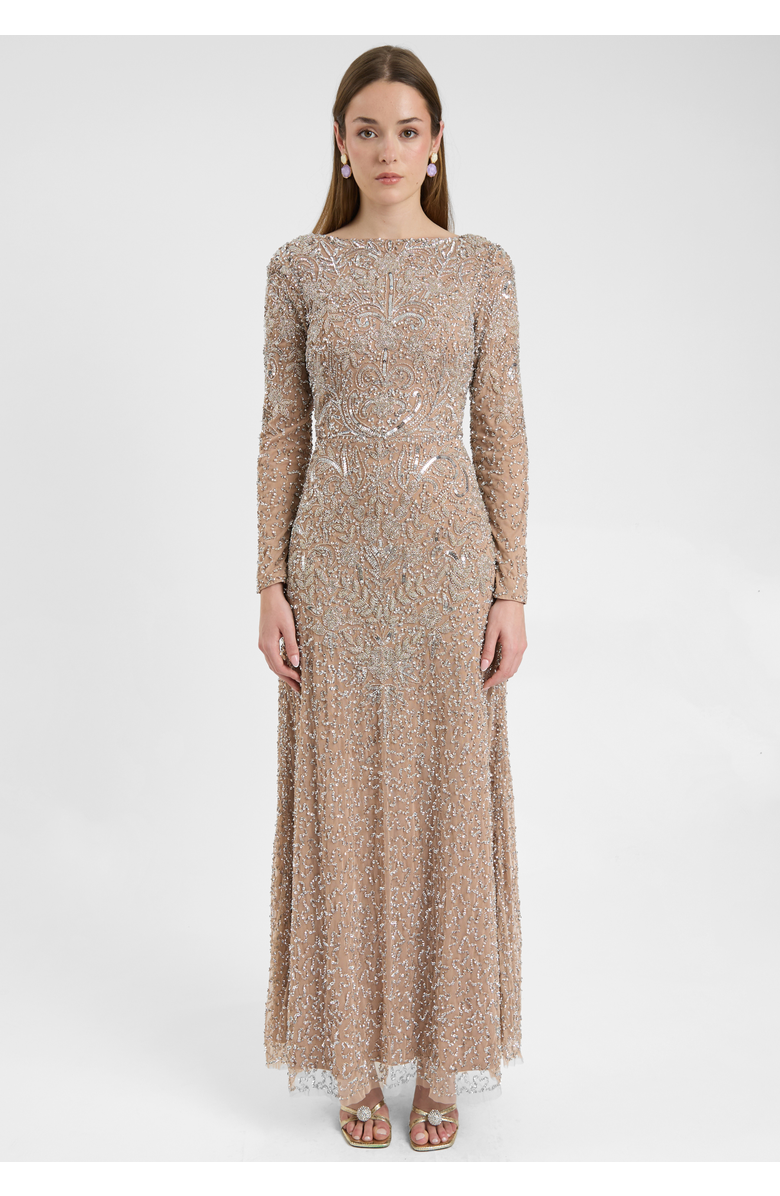 MARYISA Modest Embellished Sequin Beaded Dress Maxi With Detailed Design, Main, color, Taupe Blush