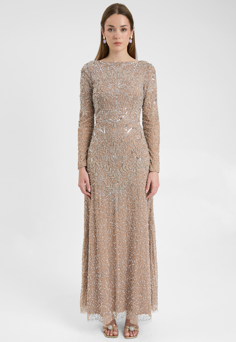 Modest Embellished Sequin Beaded Dress Maxi With Detailed Design