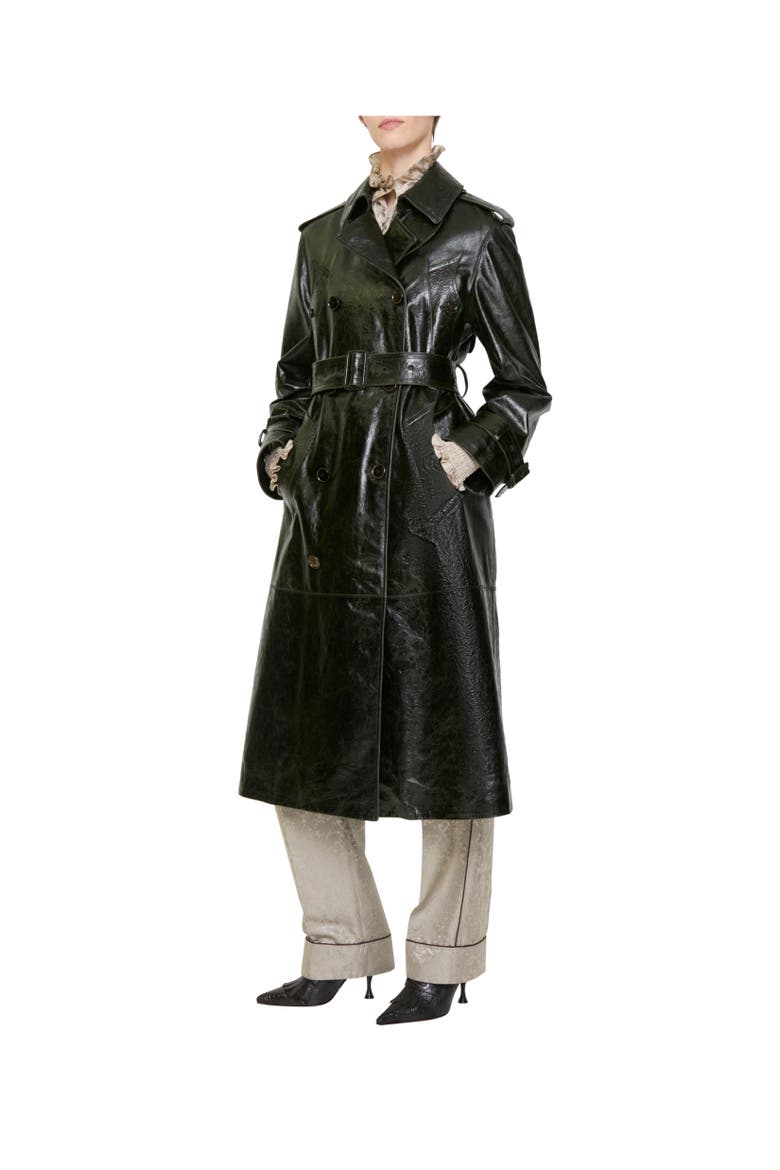 Long Embossed Leather Trench Coat, Alternate, color, Moat green