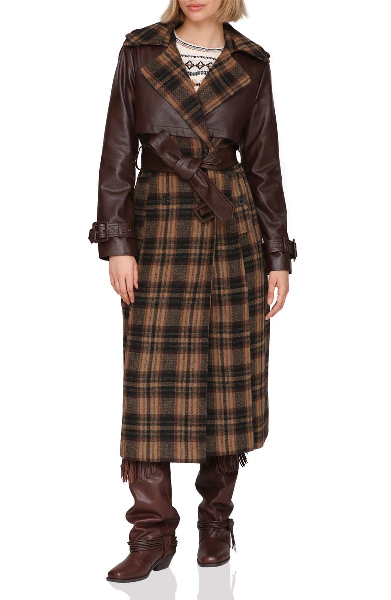 Avec Les Filles Plaid Faux Leather Trim Double Breasted Coat, Alternate, color,