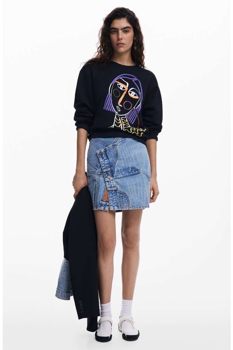 Embroidered Face Design Cotton Sweatshirt, Alternate, color, BLACK