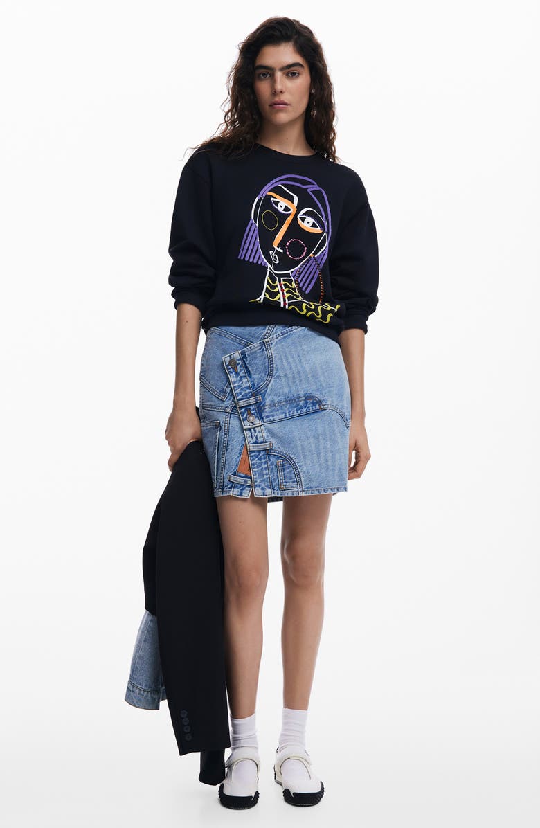 Desigual Embroidered Face Design Cotton Sweatshirt, Alternate, color,