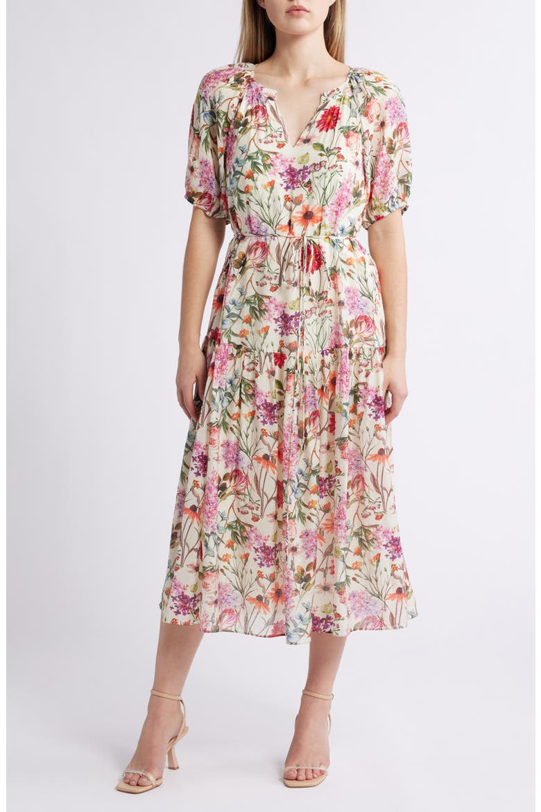 Floral Puff Sleeve Midi Dress, Main, color, IVORY MULTI