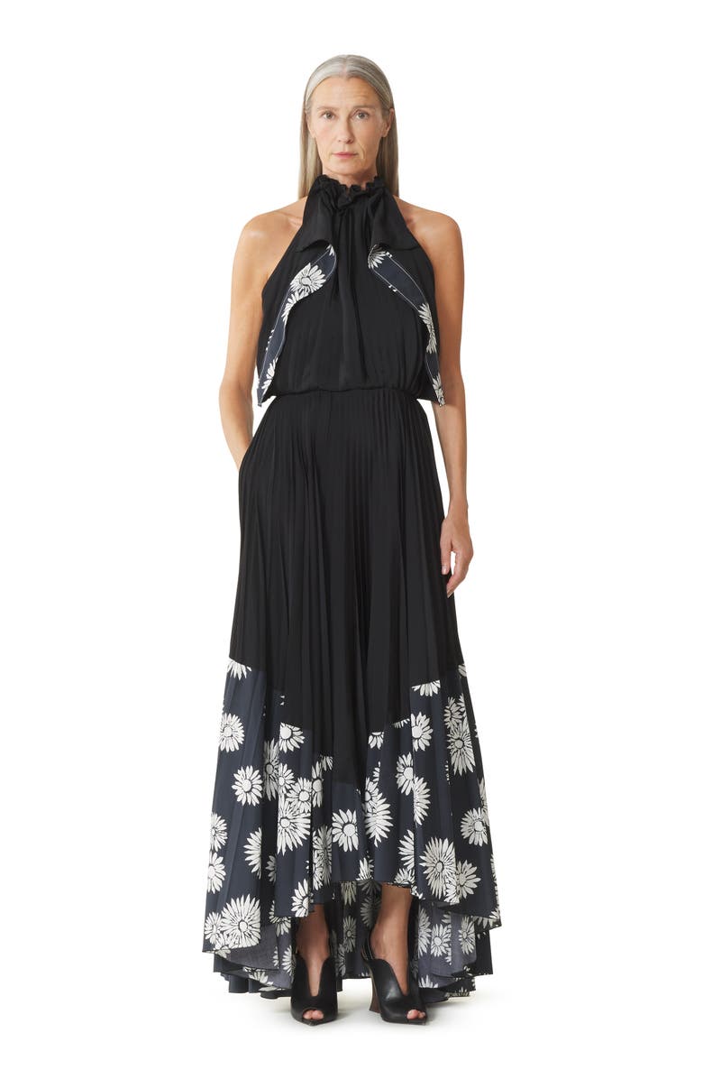 Lanvin Pleated Dress In Charmeuse And Printed Cotton, Main, color, Floral, Geometric