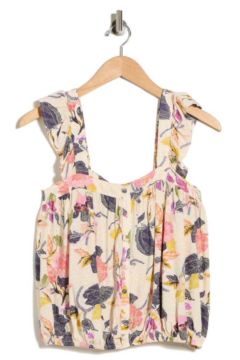 Floral Ruffle Strap Tank, Alternate, color, IVORY- PINK JACOBEAN BLOOM