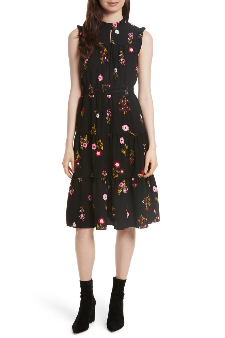 in bloom smocked waist dress, Main, color, BLACK