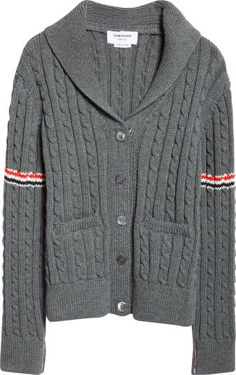 カーディガン Thom Browne Gray Cardigan In Virgin Wool Thom Browne Shawl Collar Cable Knit Virgin Wool Cardigan