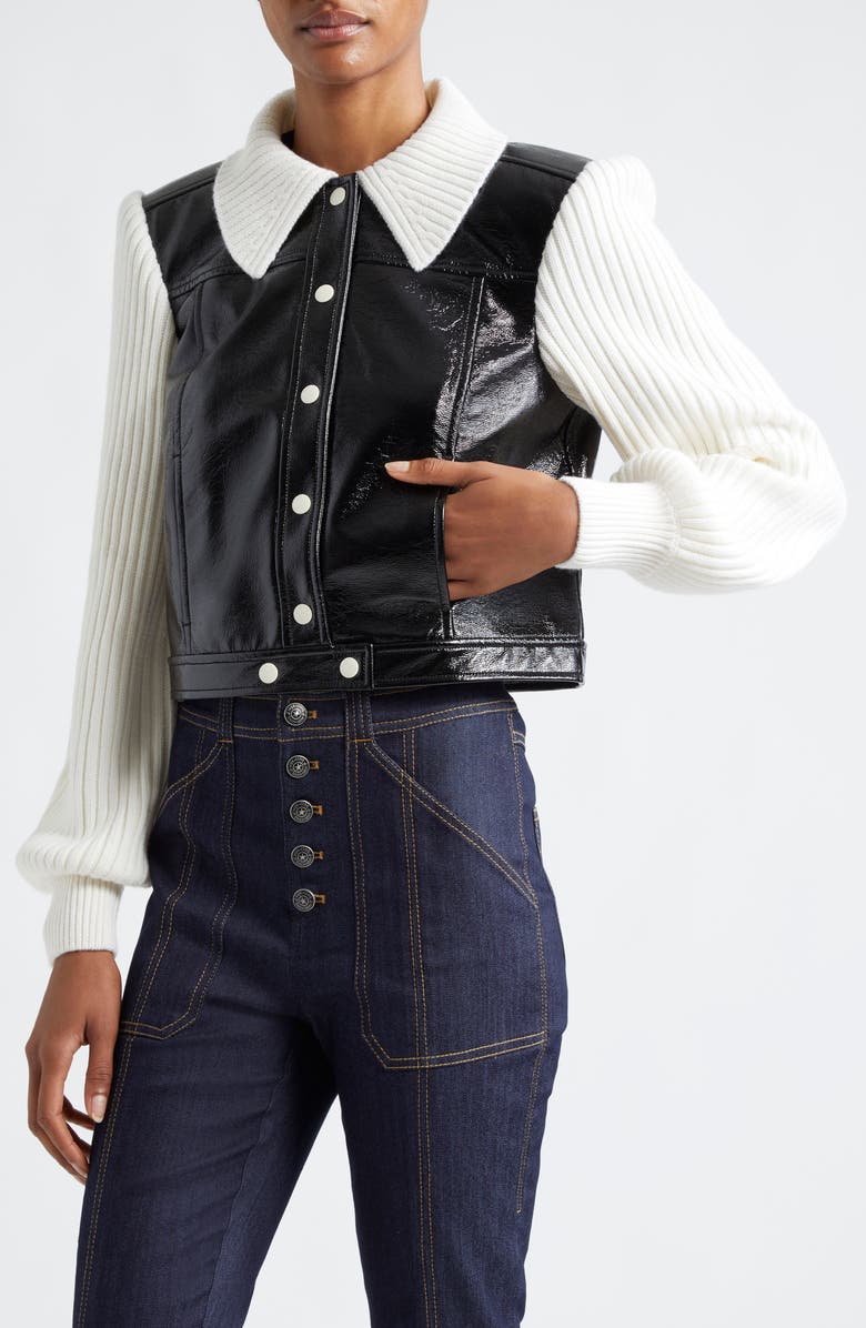 Cinq à Sept Knit Sleeve Faux Leather Jacket, Alternate, color, Black/ Ivory