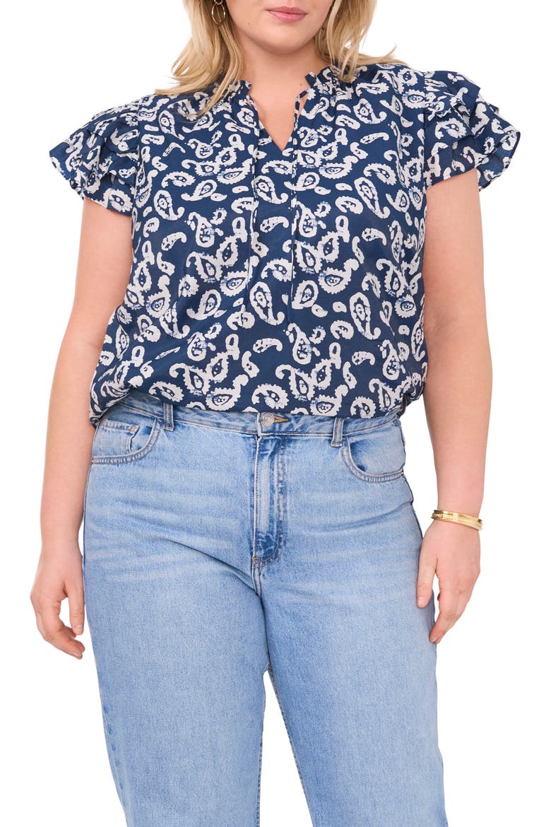 Paisley Flutter Sleeve Organdy Top, Main, color, TIDAL NAVY