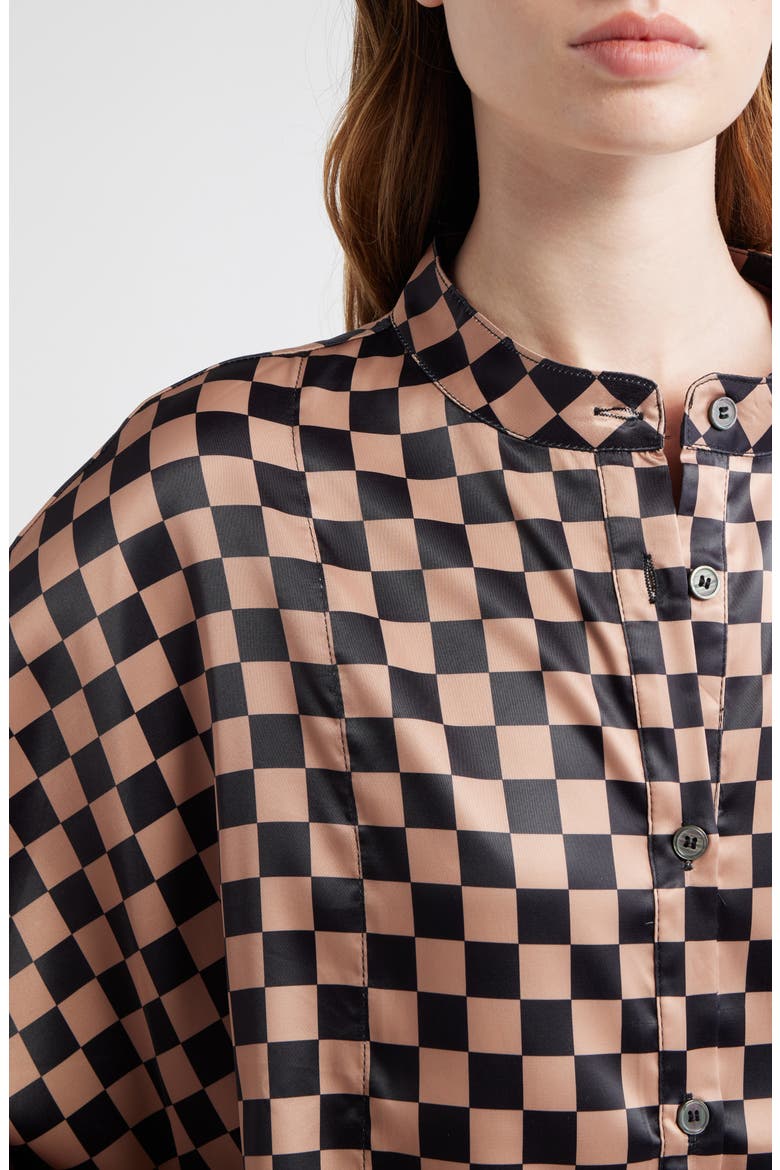 Iced Coffee Checkerboard Button-Up Satin Shirt & Pants Set, Alternate, color, ICED COFFEE