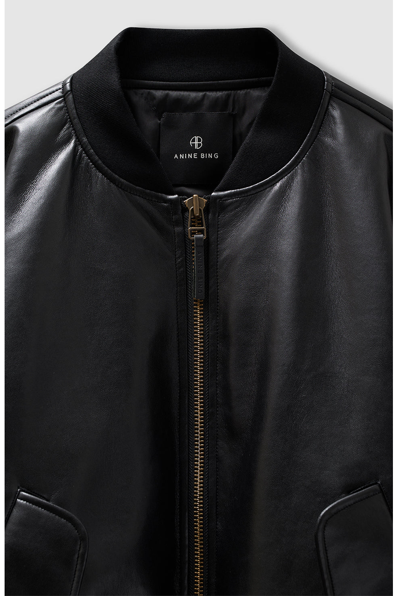 Black Leather Leon Bomber Jacket, Alternate, color, Black