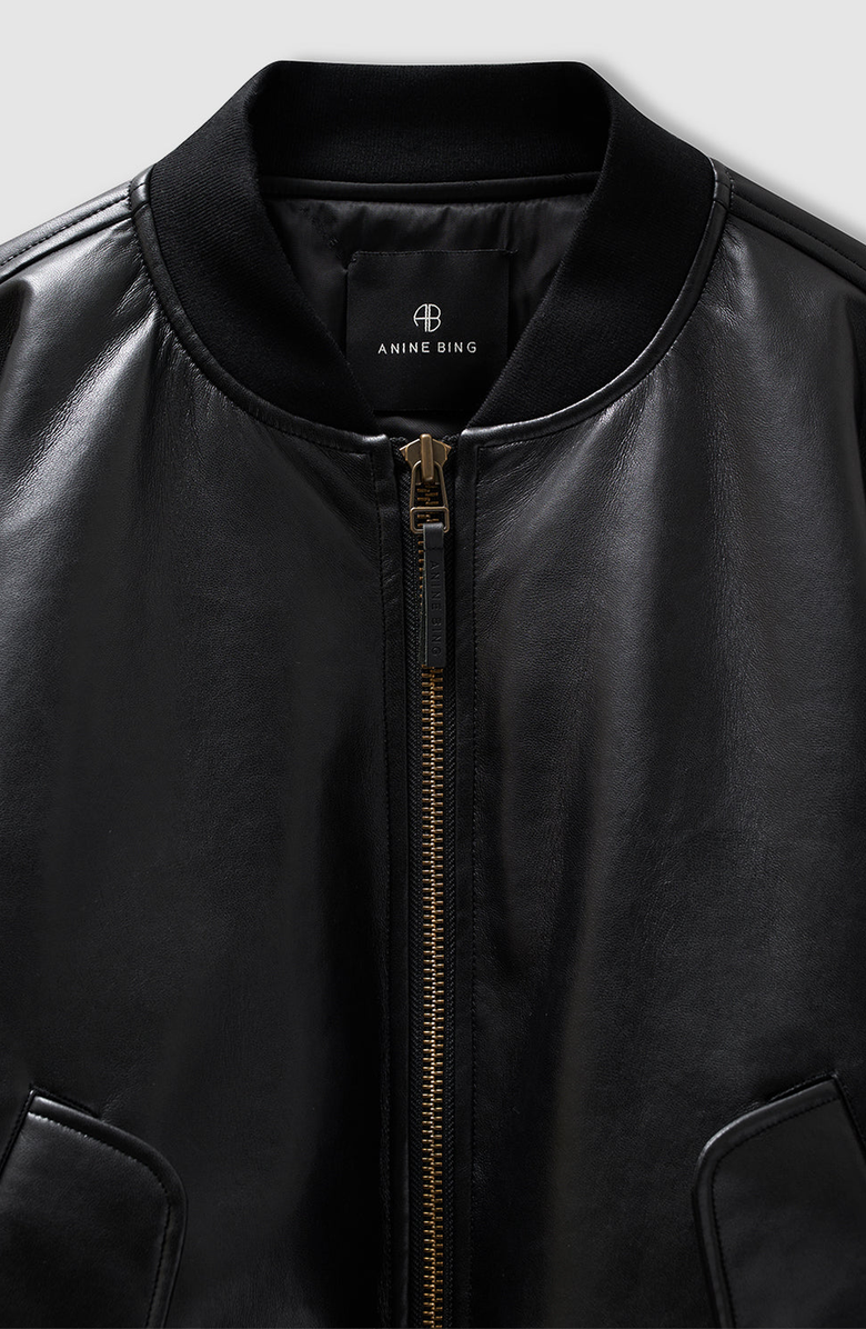 ANINE BING Black Leather Leon Bomber Jacket, Alternate, color, Black