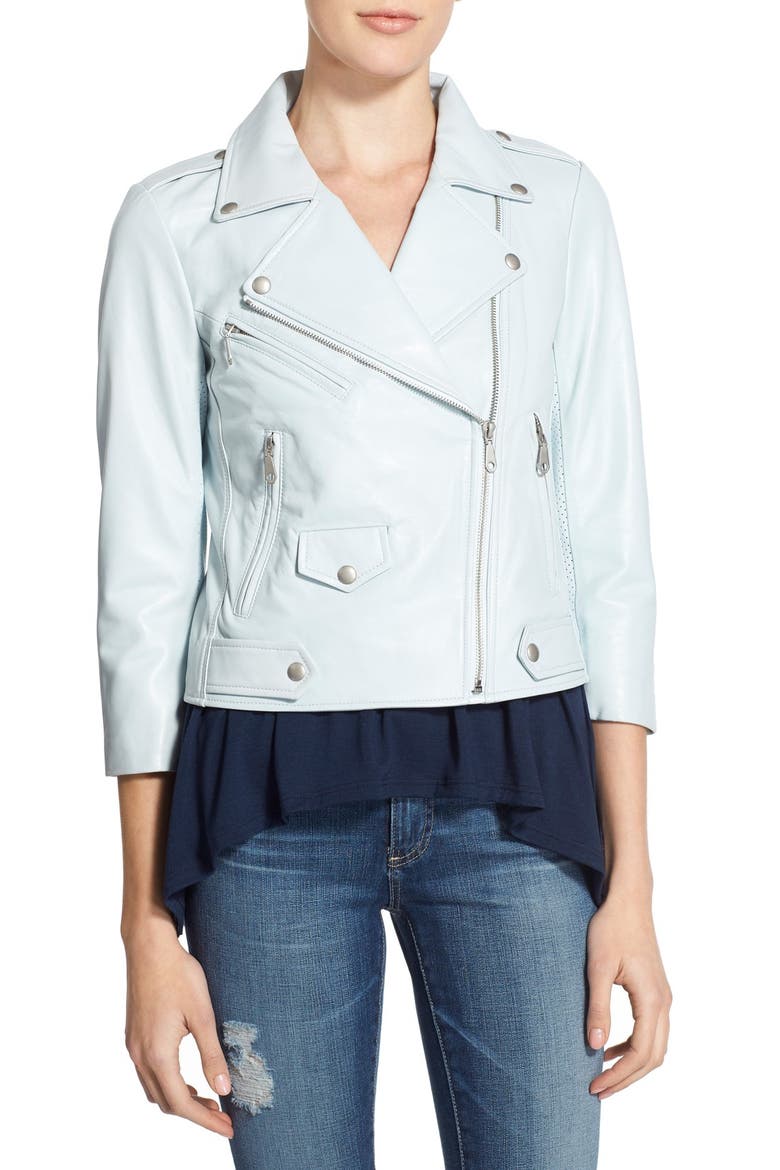 'Wes' Crop Leather Moto Jacket, Alternate, color, SKY BLUE