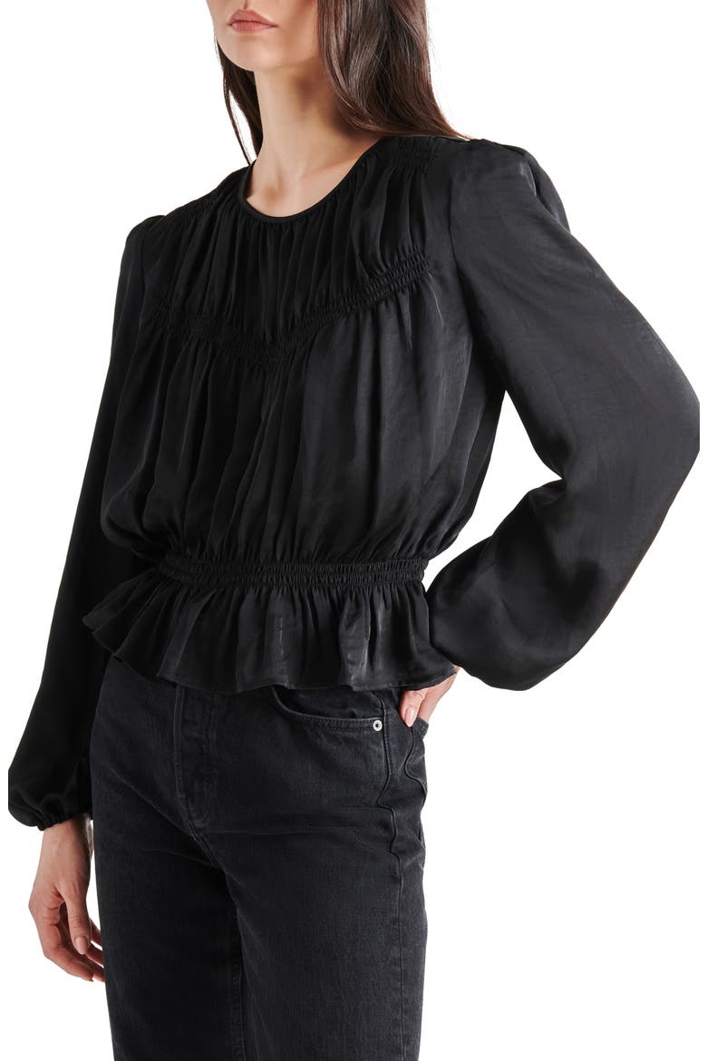 Pyper Ruched Satin Peplum Top, Alternate, color, BLACK
