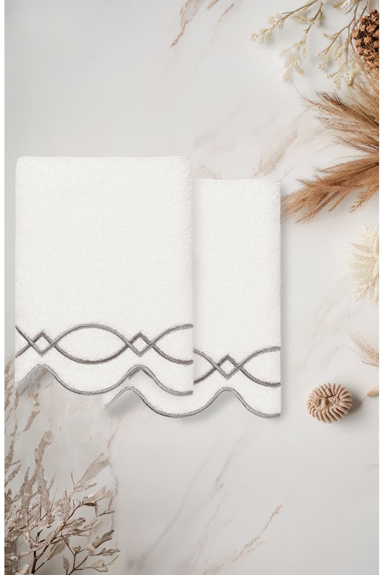 2-Piece Diamond Chain Embroidered Turkish Cotton Hand Towel Set, Alternate, color, WHITE/ GRAY