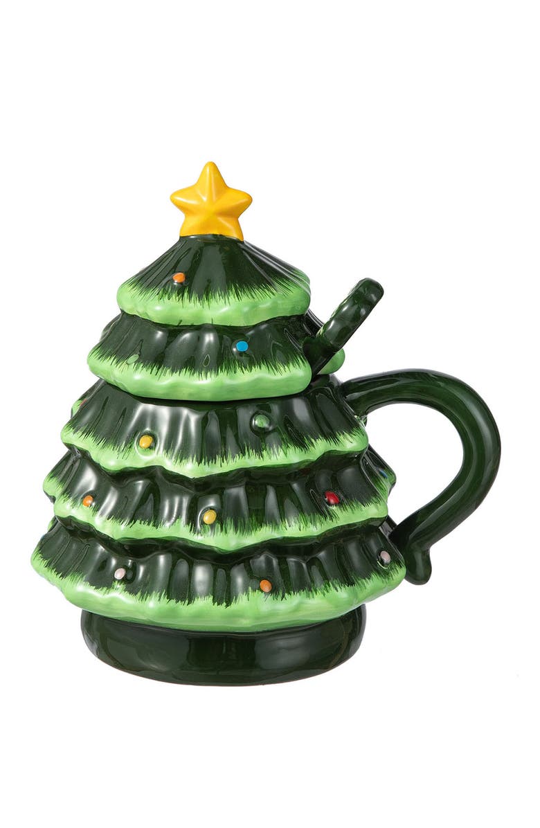 Glitzhome Christmas Ceramic Tree Mug with Lid and Spoon, Alternate, color, 